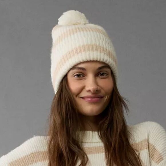 AE Cream Tan Stripe Sand Pom Pom Knit Cozy Beanie Hat - Picture 1 of 8